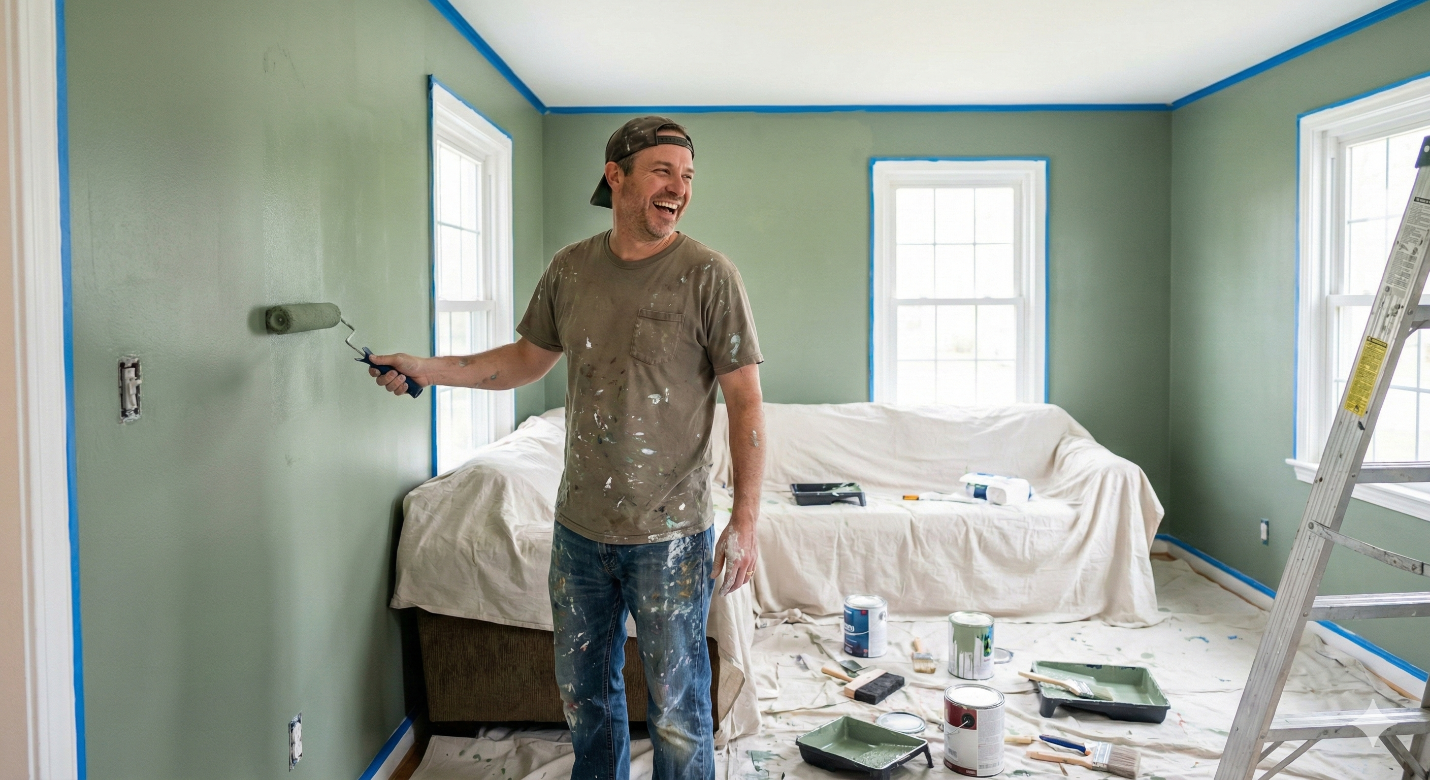 Man laughing while rolling sage green paint onto a wall in a room prepped with blue painter's tape, drop cloths, and a ladder
