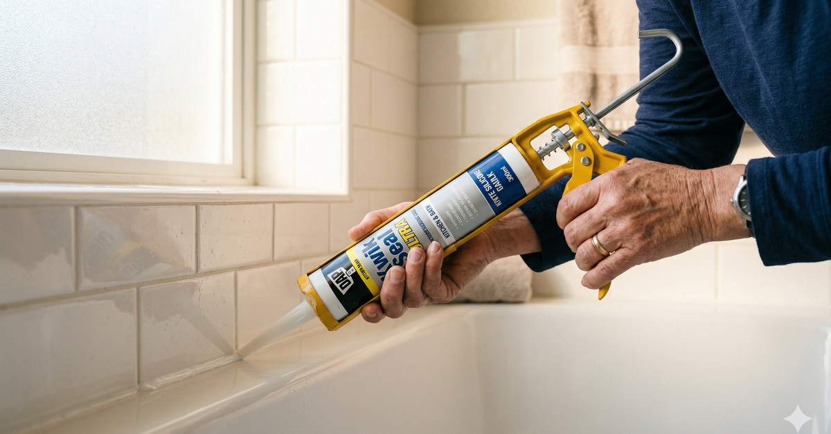 Hands running a caulk gun along a clean bathtub seam producing a smooth bead