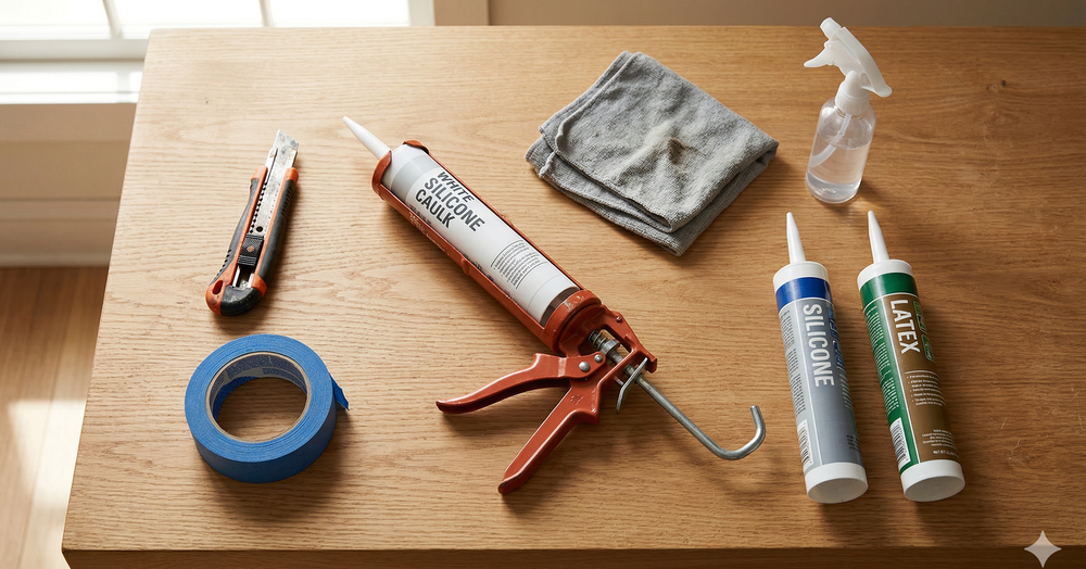 Painter's tape applied in parallel lines on either side of a bathtub seam creating a clean caulk channel