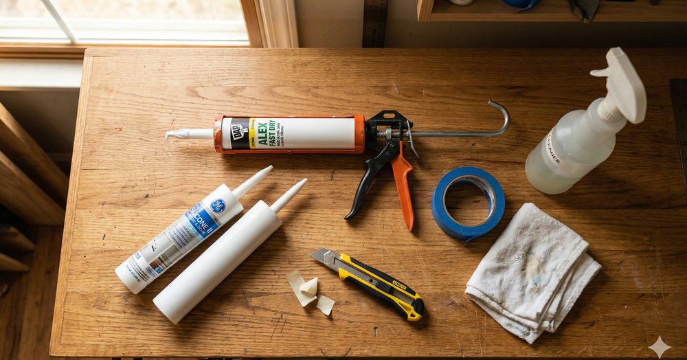 Caulk gun, utility knife, painter's tape, rags, and several tubes of silicone and latex caulk laid out on a workbench