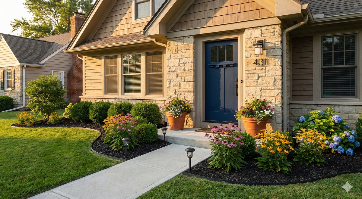 Charming suburban home with strong curb appeal — navy front door, fresh mulch, solar path lights, and terracotta planters