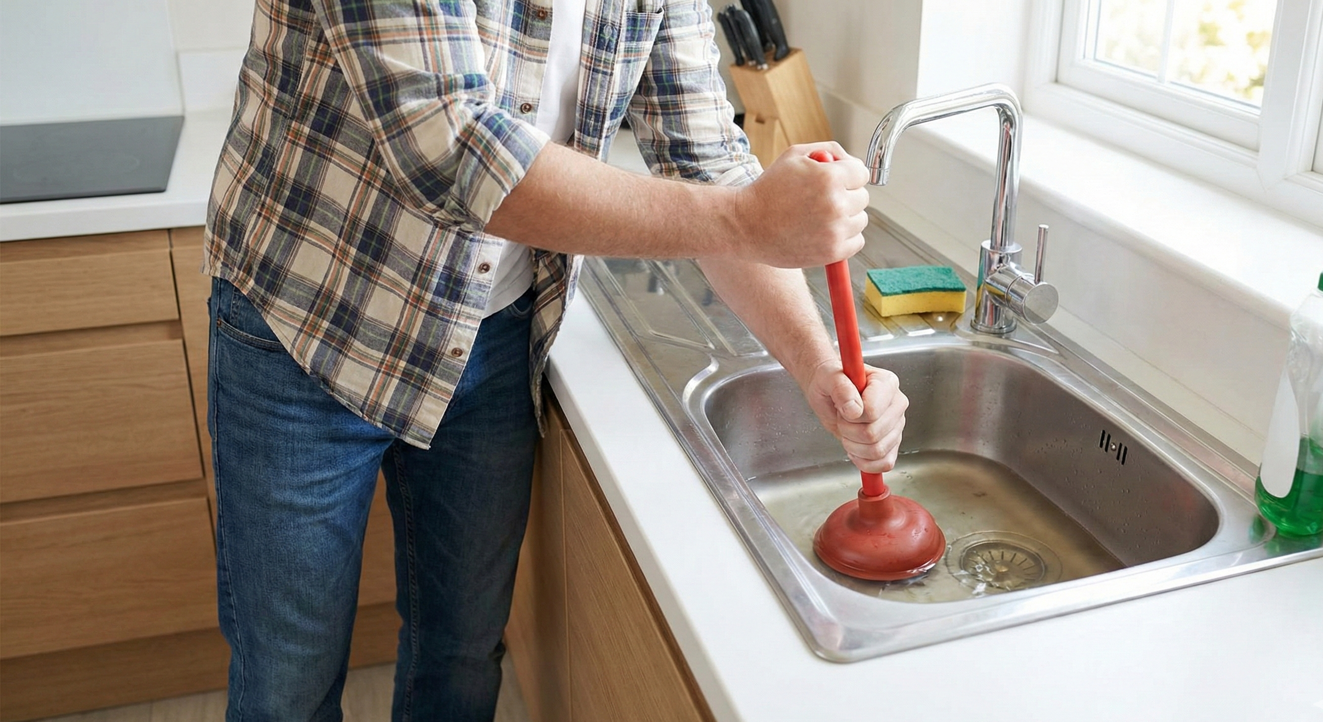Homeowner using a red plunger to unclog a kitchen sink in a bright modern kitchen