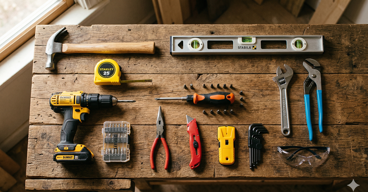 A curated collection of essential homeowner tools on a wooden workbench