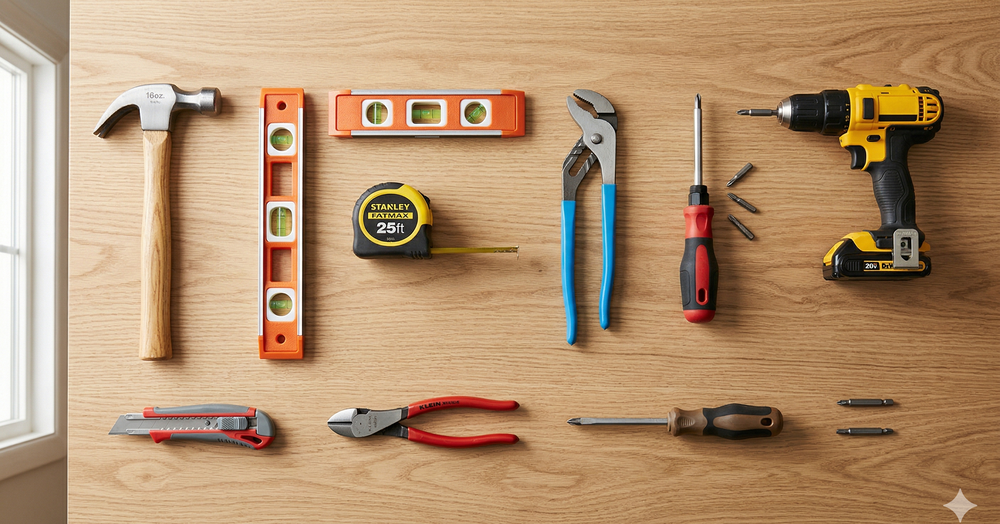 A compact home toolbox open to reveal neatly organized tools with a pegboard in the background holding additional hand tools