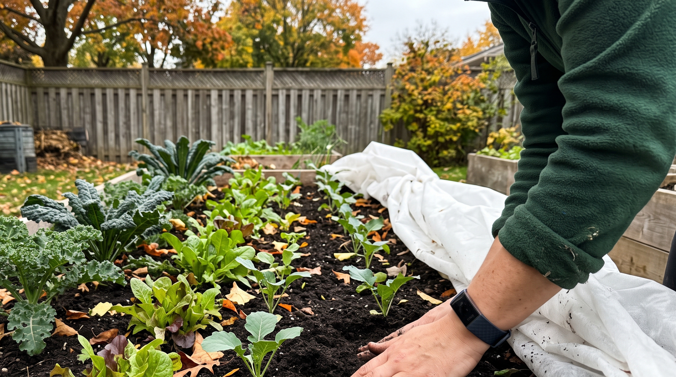 A hand pressing soil around a young seedling in a raised bed planted with kale and lettuce in early autumn
