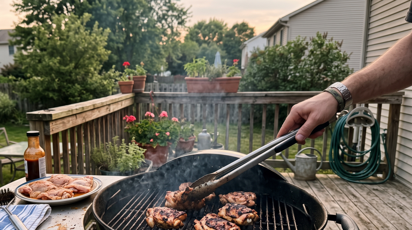 A hand turning chicken thighs with tongs on a backyard grill on a wooden deck, smoke rising