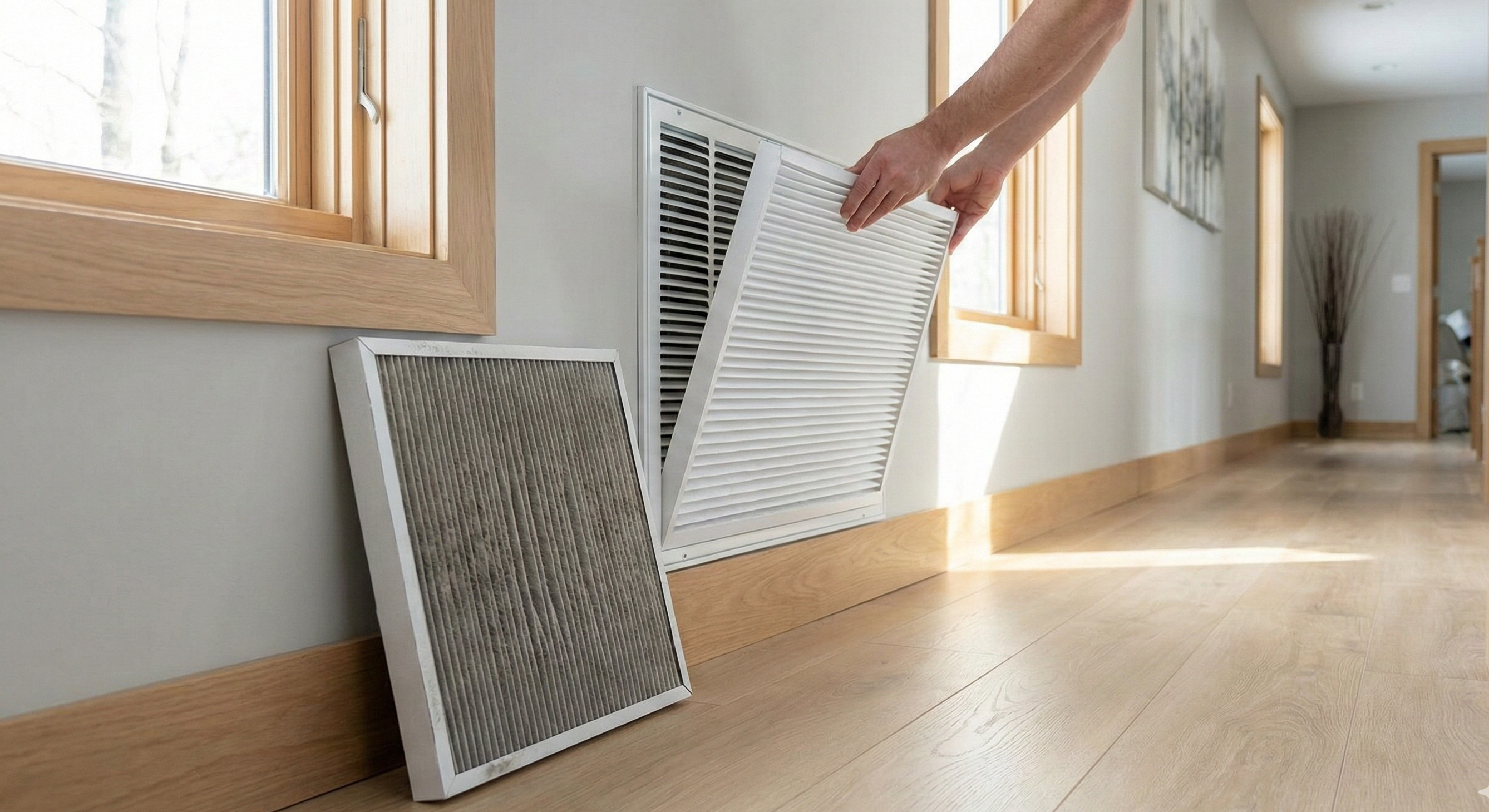 Homeowner sliding a new white pleated HVAC air filter into a wall-mounted return air vent with old dirty filter on the floor