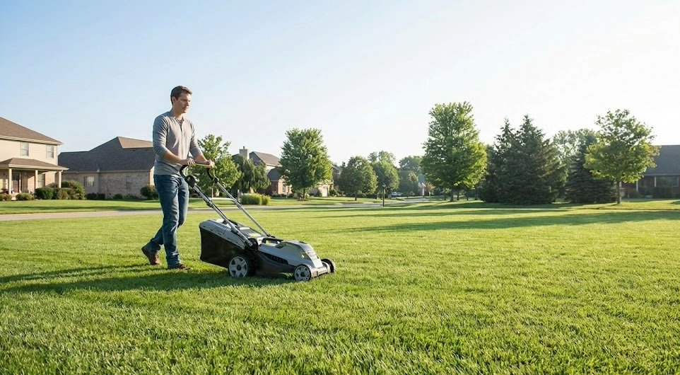 Man pushing an electric lawn mower across a large green suburban lawn