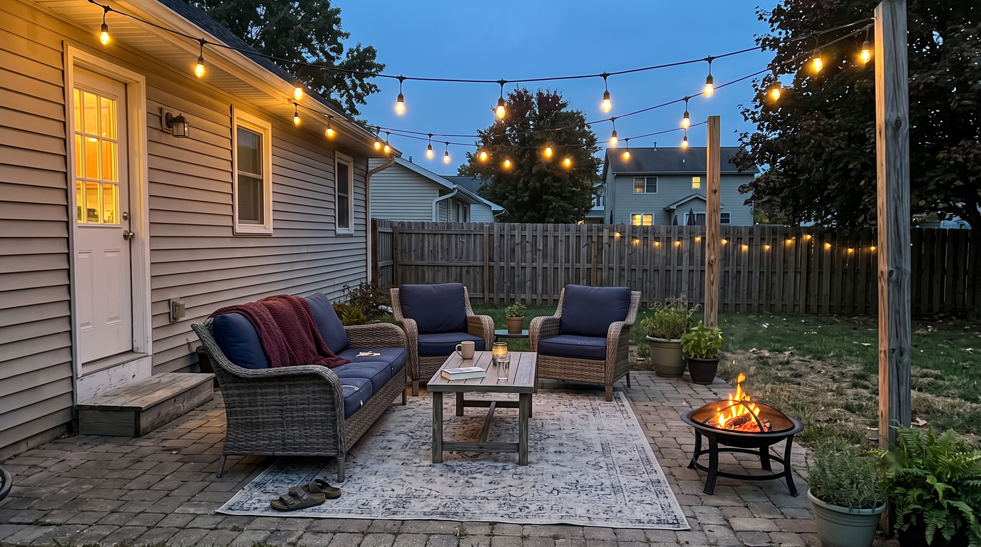 A backyard patio at dusk with warm string lights overhead, comfortable outdoor seating around a low table, and a glowing fire pit
