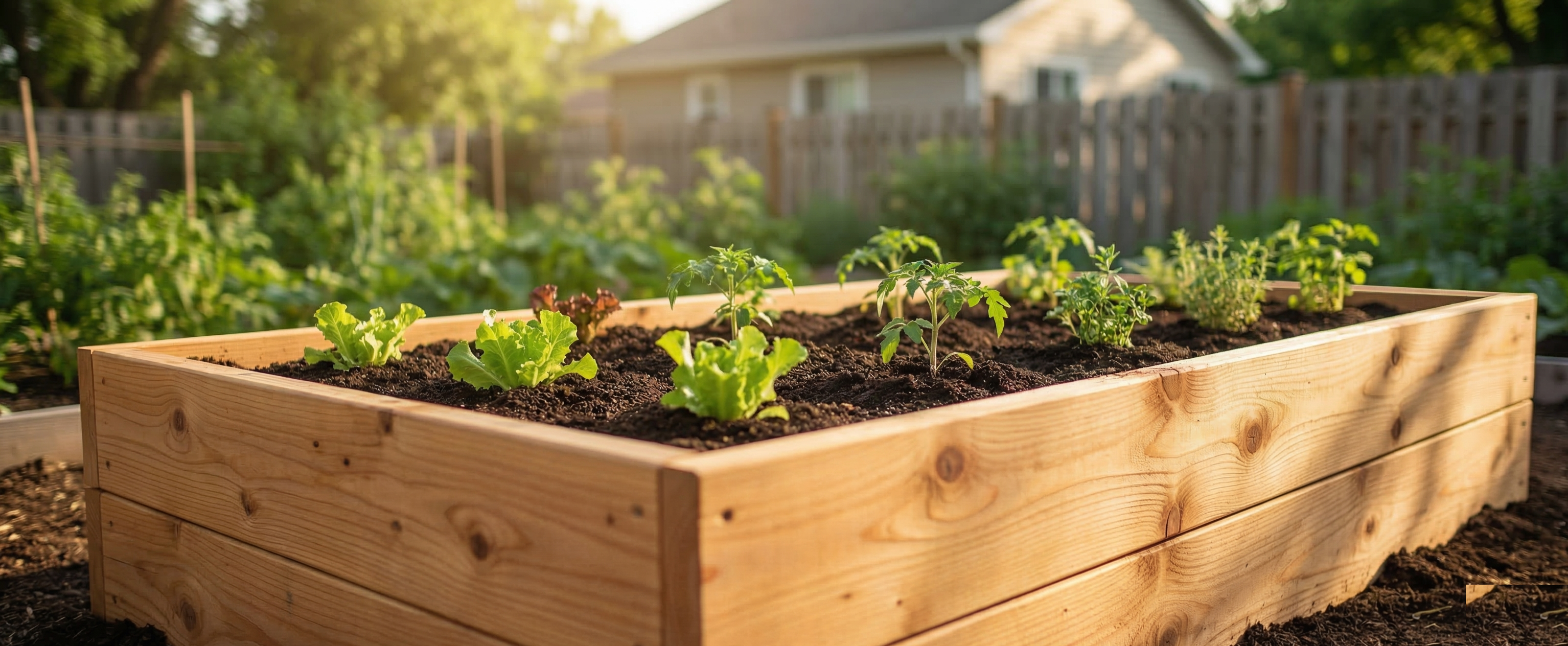 Cedar raised garden bed filled with soil and young vegetable seedlings