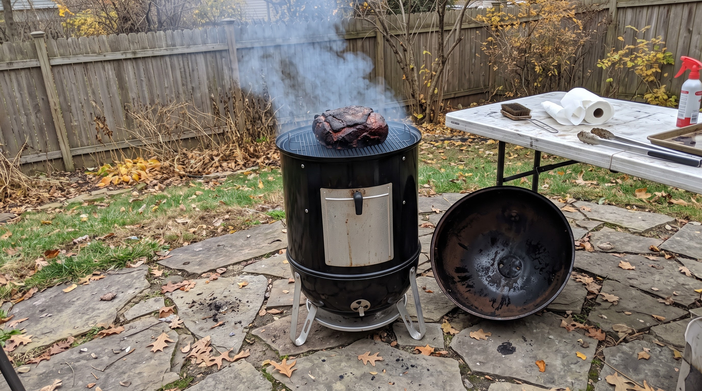 A black bullet smoker on a stone patio in fall with its lid off, smoke rising from a pork shoulder on the top grate