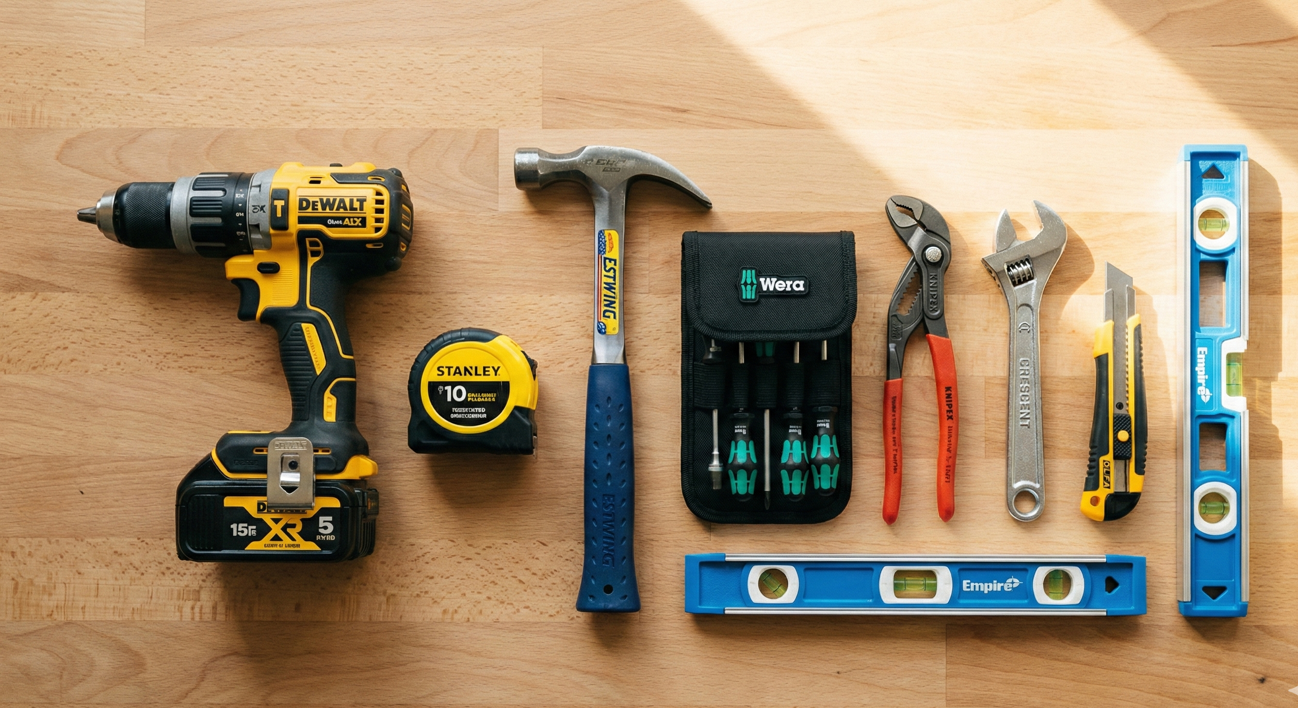 Flat lay of essential homeowner tools on a wooden workbench including cordless drill, tape measure, hammer, screwdrivers, pliers, wrench, utility knife, and level