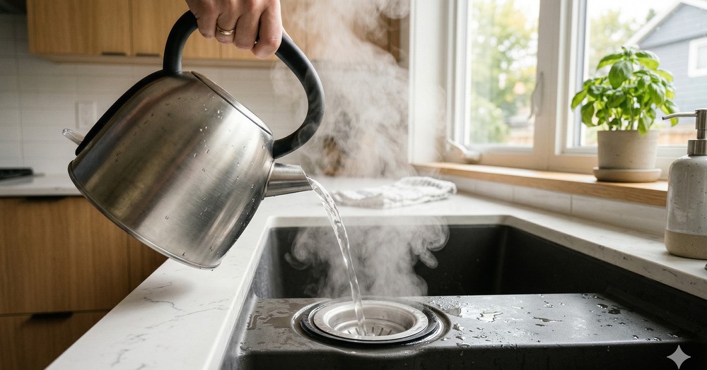 Kettle pouring steaming hot water into a kitchen sink drain