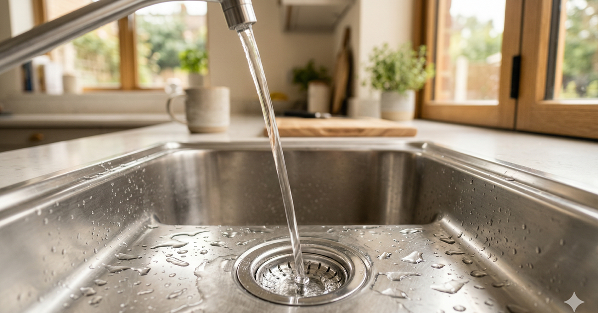 Clean stainless steel kitchen sink with water flowing smoothly down the drain