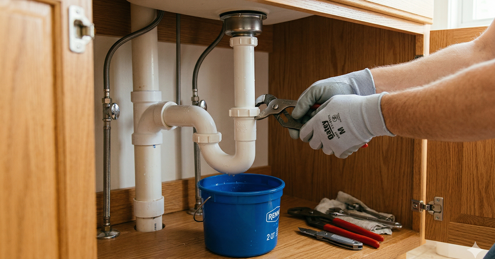 Hands removing a white PVC P-trap from under a bathroom sink with a bucket placed below to catch water